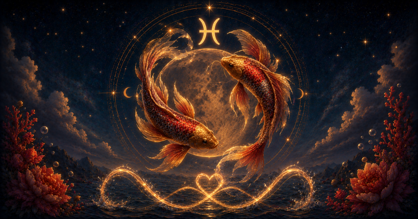 What Pisces Needs to Know About Their Soulmate tarot card art illustration featuring Pisces fish, soulmate symbolism, glowing intertwined paths, mystical celestial background