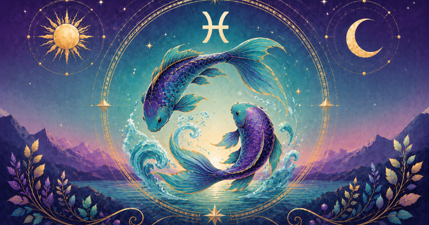 Pisces mystical zodiac illustration with two fish swimming around a glowing moon in a colorful cosmic night sky, symbolizing the deep bond between Pisces and the three zodiac signs they should never walk away from.