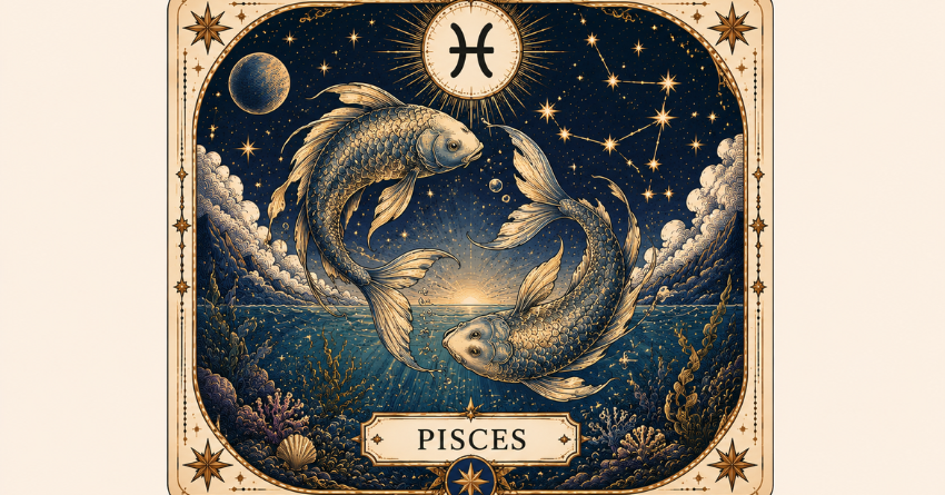 Pisces Is About to Step Into a New Version of Themselves zodiac sign illustration featuring a mystical fish surrounded by cosmic energy and celestial symbols