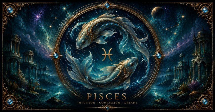 Pisces May Soon Understand This Cosmic Challenge zodiac sign illustration with cosmic Pisces symbol and mystical universe background