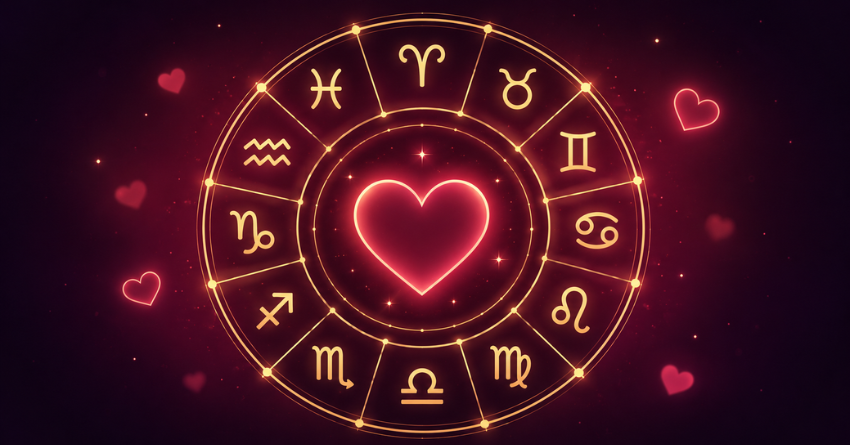 What Your Zodiac Sign Needs Most in a Relationship Right Now featuring a glowing heart inside a zodiac wheel with mystical red and gold astrology symbols.