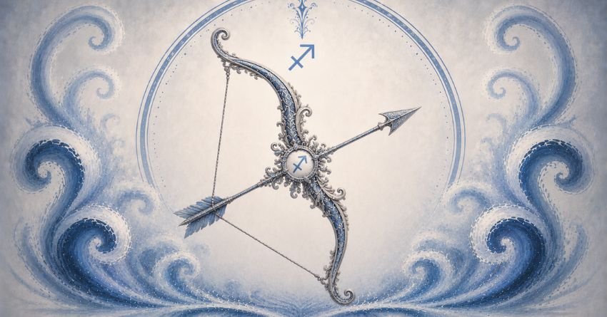 Mystical Sagittarius archer symbol surrounded by swirling blue cosmic energy representing destiny, fate, and spiritual guidance.