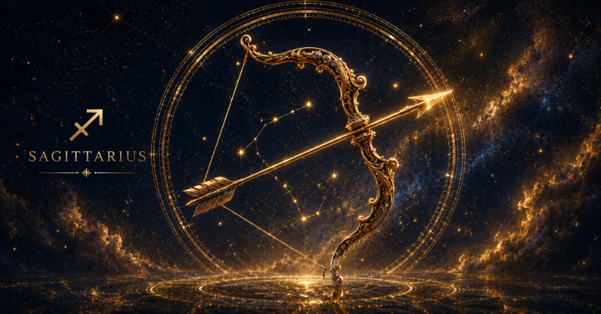Sagittarius May Be Too Trusting of These Signs – Sagittarius zodiac sign illustration with a glowing golden archer surrounded by cosmic energy and stars.