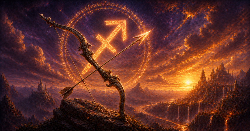 Sagittarius Is Entering the Most Exciting Time of the Year celestial fantasy illustration with glowing Sagittarius zodiac symbol in a magical cosmic sky