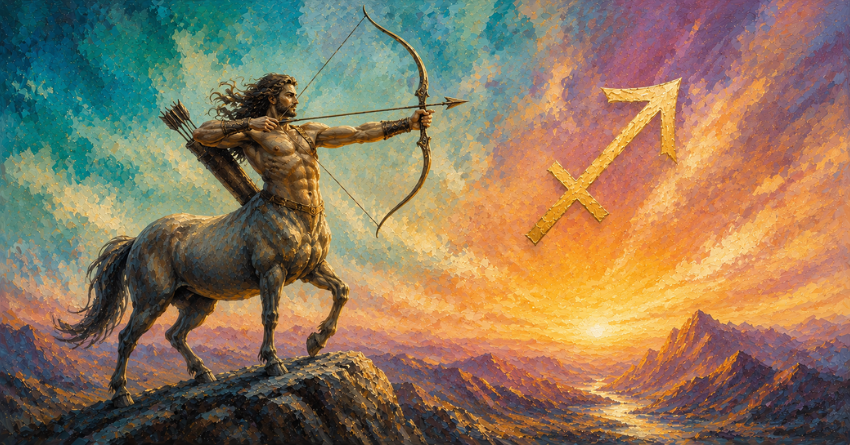 What Happens Next for Sagittarius acrylic painting illustration of Sagittarius archer with glowing arrow and zodiac symbol in a dramatic sky