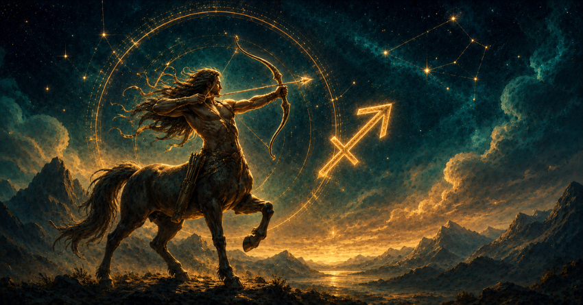 3 Zodiac Signs Sagittarius Has the Strongest Chemistry With mystical Sagittarius illustration with glowing archer symbol
