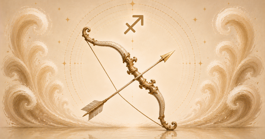 Sagittarius emotional healing and fresh start symbolism with a golden bow and arrow against an elegant celestial background