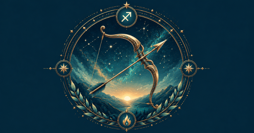 Sagittarius May Soon Understand Why Everything Happened astrology artwork featuring the Sagittarius symbol, glowing celestial path, destiny and spiritual awakening theme