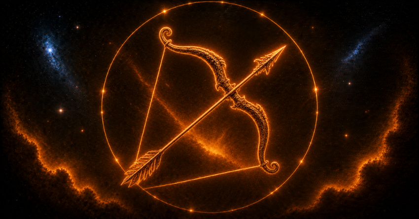 Sagittarius Could Be Closer to Financial Success Than Ever zodiac sign symbol glowing in fiery orange light on a dark cosmic background