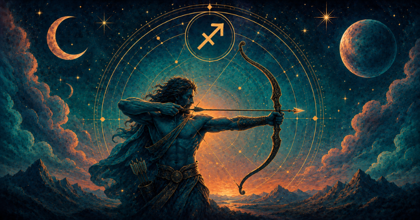 3 Zodiac Signs Sagittarius Is Meant to Meet mystical art illustration featuring Sagittarius the Archer with a glowing cosmic sky and celestial symbols