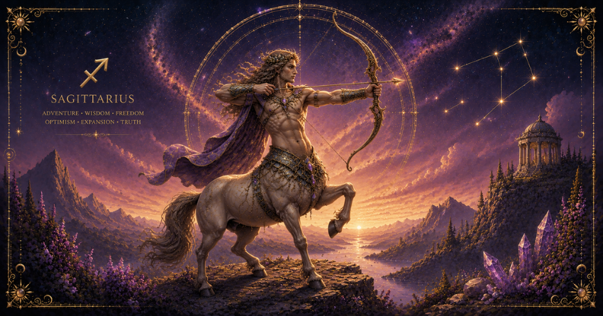 What the Universe Wants Sagittarius to Know celestial fantasy illustration of Sagittarius archer under a glowing cosmic sky