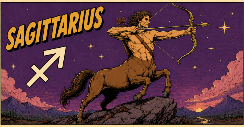 The Honest Message Sagittarius Needs Today fantasy illustration of Sagittarius archer in a magical night sky with glowing stars and purple celestial background
