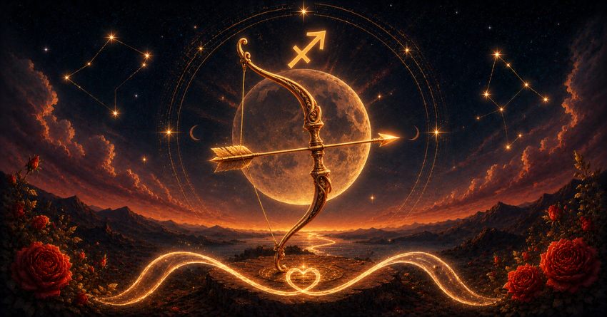 How Sagittarius Will Recognize Their Soulmate tarot card art illustration featuring the Sagittarius symbol, glowing soulmate connection, celestial energy, and mystical zodiac design