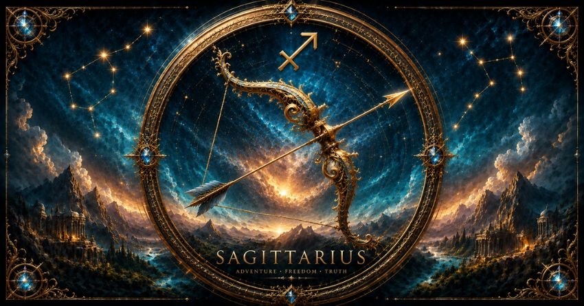 The Universe Is Testing Sagittarius for a Reason zodiac horoscope illustration featuring the Sagittarius symbol within a glowing cosmic circle