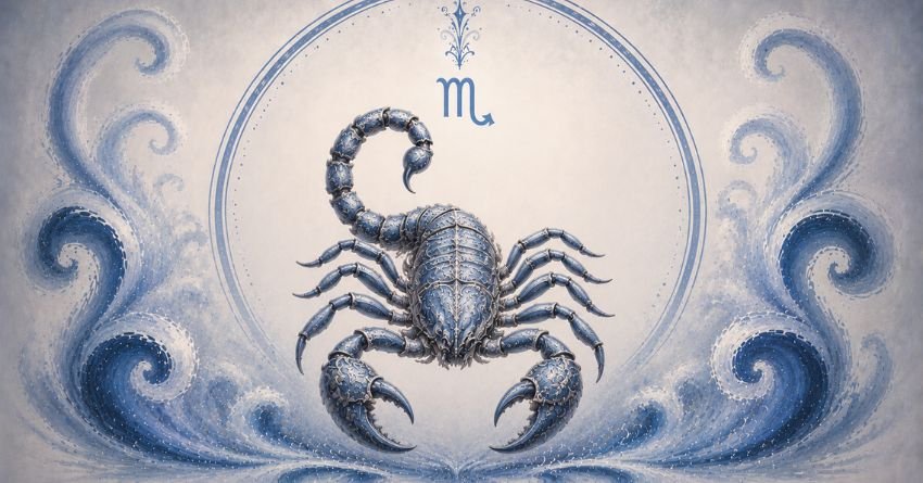 Illustration of the Scorpio zodiac symbol surrounded by swirling blue cosmic patterns representing destiny, intuition, and transformation.
