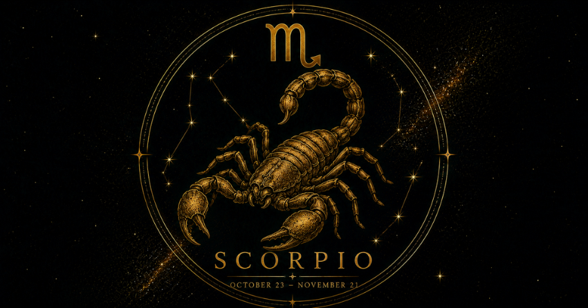 Scorpio zodiac symbol surrounded by glowing golden lights representing hidden truths, intuition, and romantic revelations.