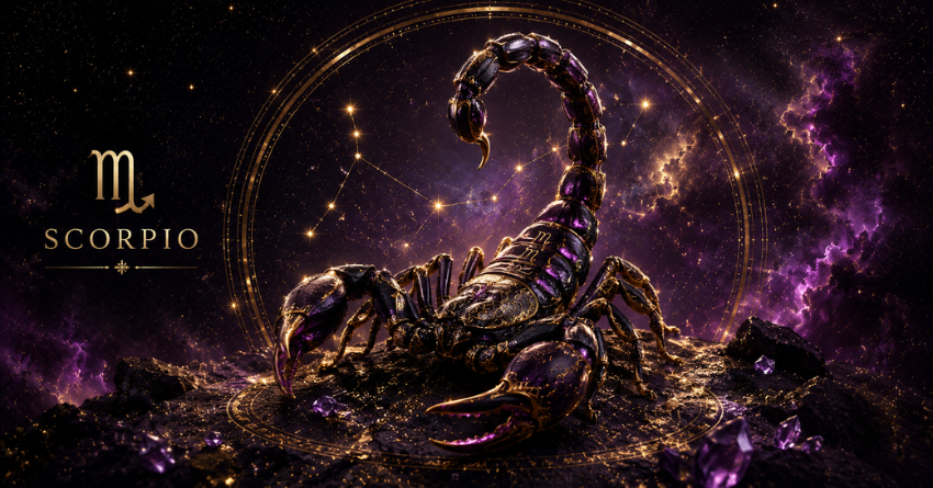 Scorpio Should Keep an Eye on These Zodiac Signs zodiac horoscope illustration featuring Scorpio symbol in a cosmic purple background
