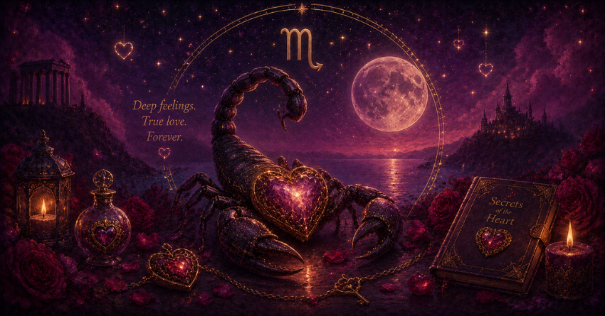 3 Zodiac Signs Scorpio May Fall in Love With This Summer, mystical Scorpio illustration with romantic summer astrology theme, celestial fantasy artwork in purple and pink tones