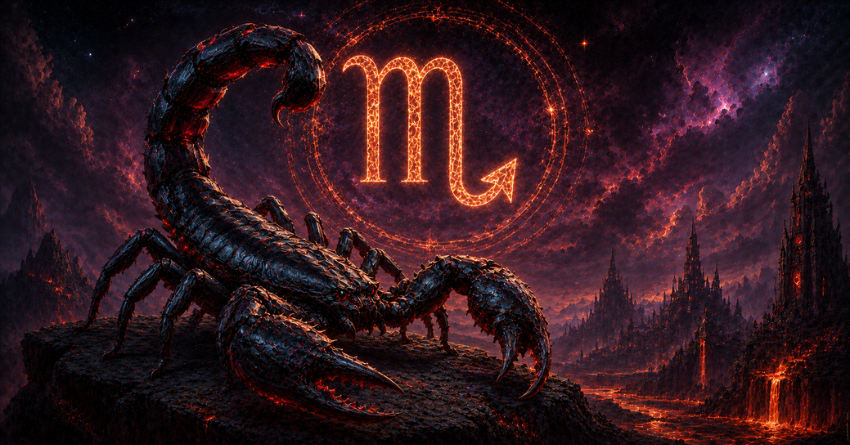 Scorpio Is Entering Their Most Powerful Chapter of the Year fantasy illustration of a powerful scorpion with the Scorpio zodiac symbol glowing in a cosmic celestial landscape