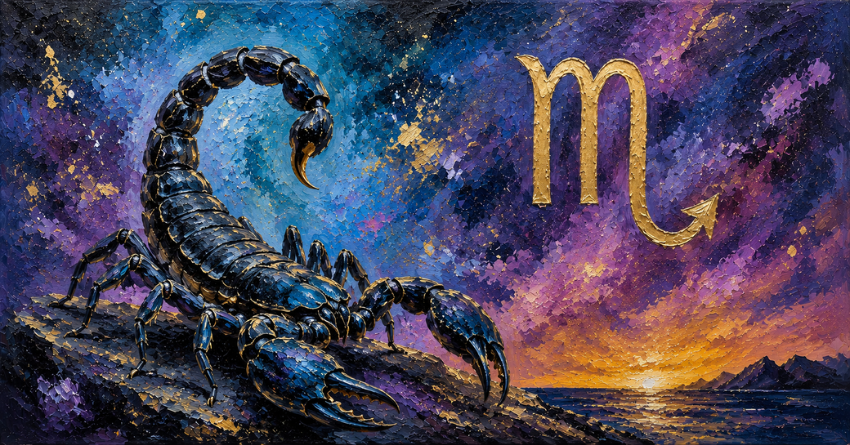 What's About to Change for Scorpio acrylic painting illustration, powerful Scorpio zodiac symbol above a mystical ocean wave, dramatic purple and gold sky, artistic horoscope banner