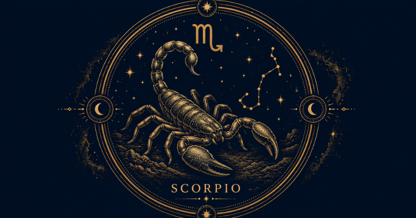 The 3 Zodiac Signs Most Likely to Make Scorpio Happy zodiac wheel illustration with Scorpio symbol and celestial horoscope design