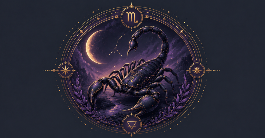 Scorpio May Be Closer to a Breakthrough Than Ever zodiac sign illustration featuring a mystical purple scorpion surrounded by glowing cosmic energy and celestial symbols