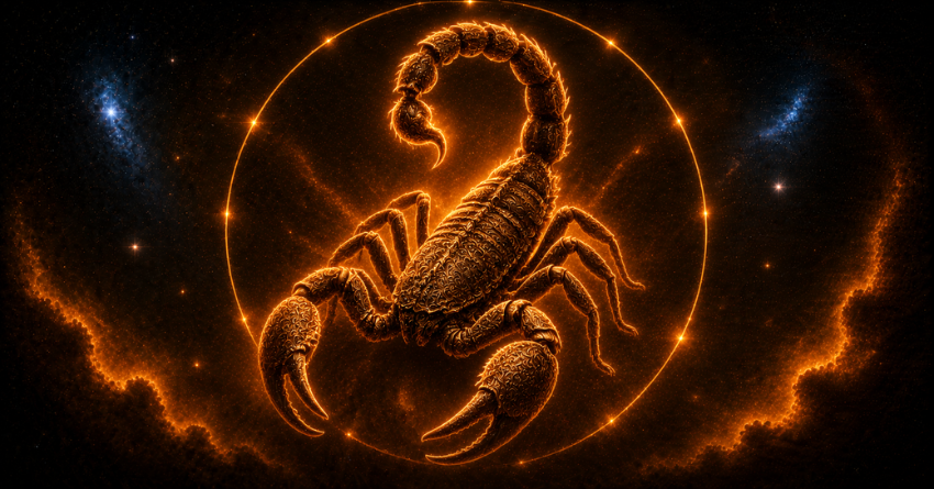 Scorpio's Financial Fortune About to Change zodiac sign glowing orange Scorpio symbol surrounded by cosmic energy and stars