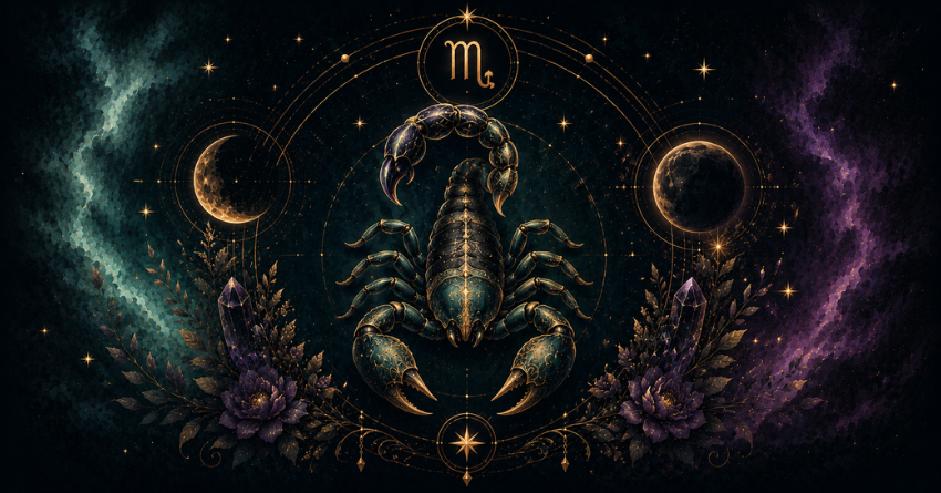 3 Zodiac Signs Scorpio Is Most Likely to Marry featuring a mystical Scorpio zodiac symbol with a cosmic purple and blue background.