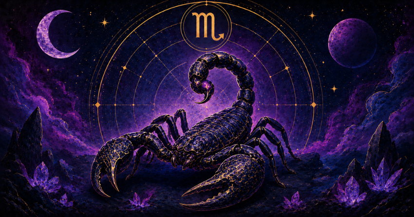 3 Zodiac Signs Scorpio Is Meant to Meet mystical zodiac illustration featuring a glowing Scorpio symbol and cosmic purple background