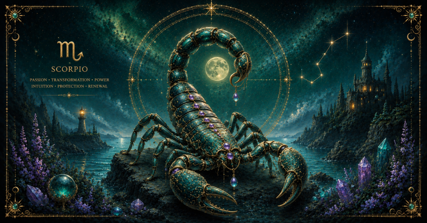 What the Universe Wants Scorpio to Understand celestial fantasy illustration featuring a powerful Scorpio symbol emerging from glowing cosmic waters beneath a mystical star-filled sky