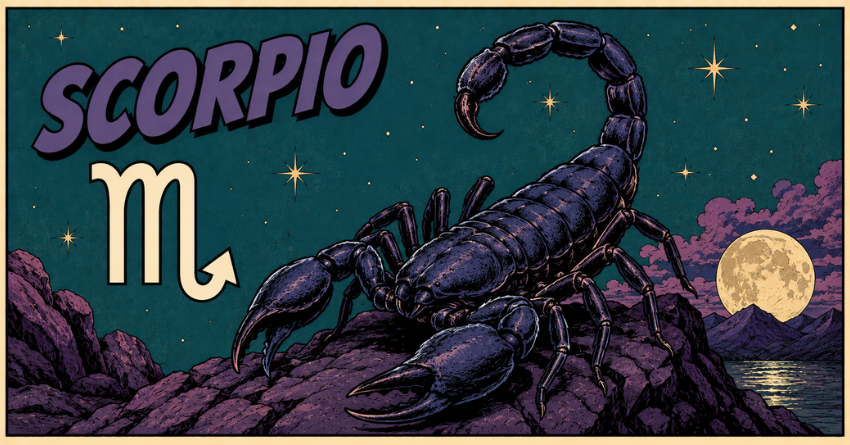 The Truth Scorpio Needs to Hear Right Now – fantasy illustration of a powerful Scorpio zodiac scorpion under a starry night sky, mystical celestial atmosphere, glowing Scorpio symbol, cosmic horoscope artwork.