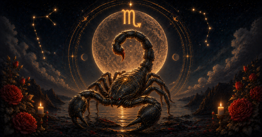 What Scorpio Needs to Know About Their Soulmate tarot card style Scorpio illustration with mystical soulmate symbolism