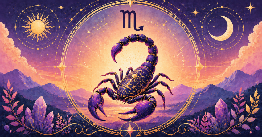 3 Zodiac Signs Scorpio Should Never Walk Away From mystical horoscope illustration featuring the Scorpio zodiac symbol beneath a glowing night sky with stars and crescent moons in purple and golden tones.