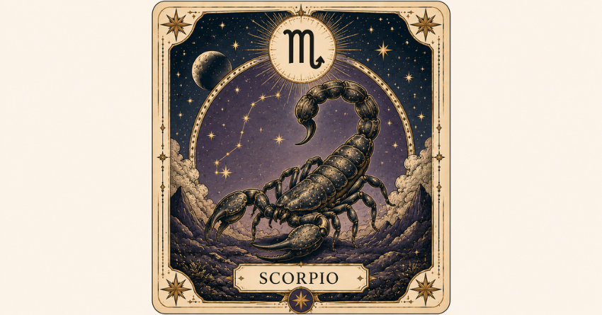 Scorpio Is Owning Their Transformation tarot card illustration featuring a powerful scorpion surrounded by celestial symbols and mystical cosmic energy