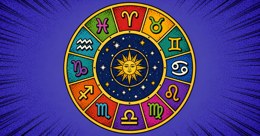 The End of a Struggle Is Near for These Zodiac Signs zodiac wheel illustration with all 12 zodiac signs on a mystical blue celestial background