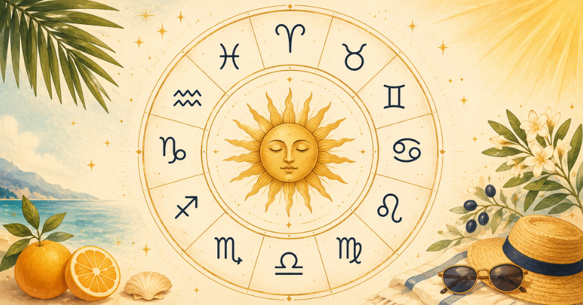 What Your Zodiac Sign Is Meant to Learn This Summer zodiac-themed illustration featuring a golden sun, zodiac wheel, tropical summer elements, and celestial astrology design.