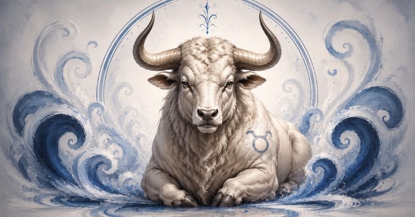 Taurus zodiac bull surrounded by celestial swirls symbolizing destiny, spiritual guidance, and inner strength.