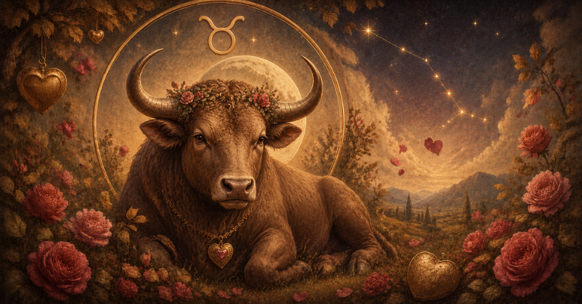 Taurus zodiac sign illustration in celestial fantasy style featuring a majestic golden bull resting beneath a glowing moon, surrounded by stars, cosmic light, and mystical summer-inspired details.