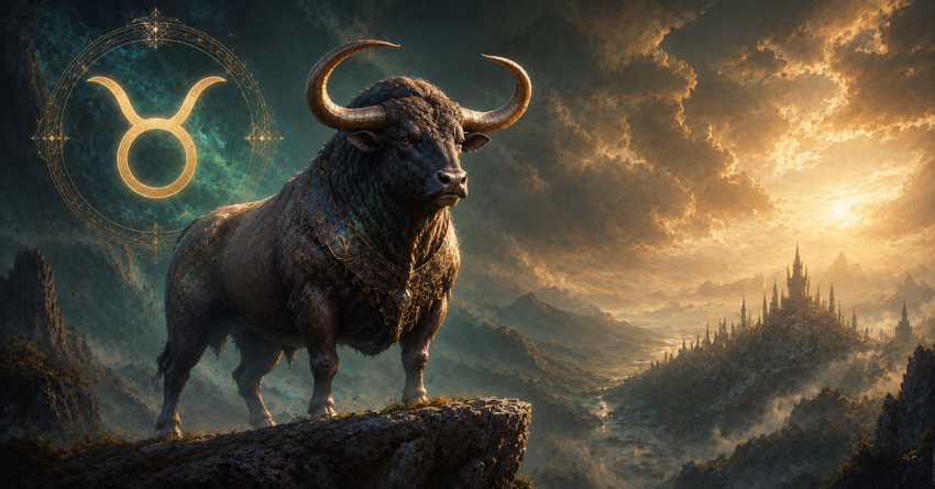 Taurus Is Finally Entering the Happiest Phase of the Year fantasy zodiac illustration featuring the Taurus symbol in a magical celestial landscape