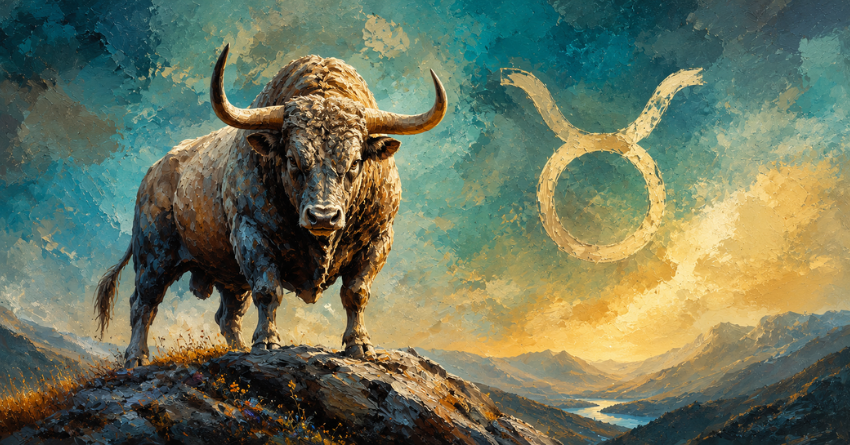 What's About to Change for Taurus zodiac illustration featuring a powerful bull standing on a rocky hill under a glowing celestial sky