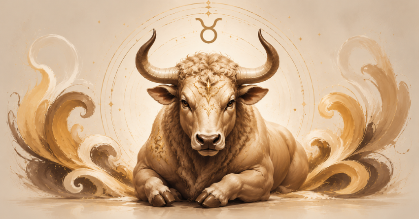 Why This Chapter Feels Different for Taurus – elegant Taurus zodiac illustration featuring a golden bull with soft flowing details on a warm beige background