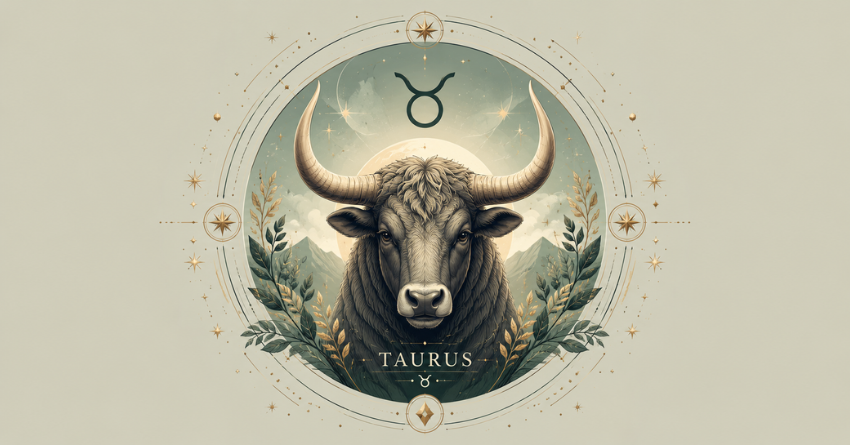 Taurus May Be Approaching a Life-Changing Moment featuring a mystical Taurus bull surrounded by celestial symbols, soft green and gold tones, and a cosmic destiny-themed background.