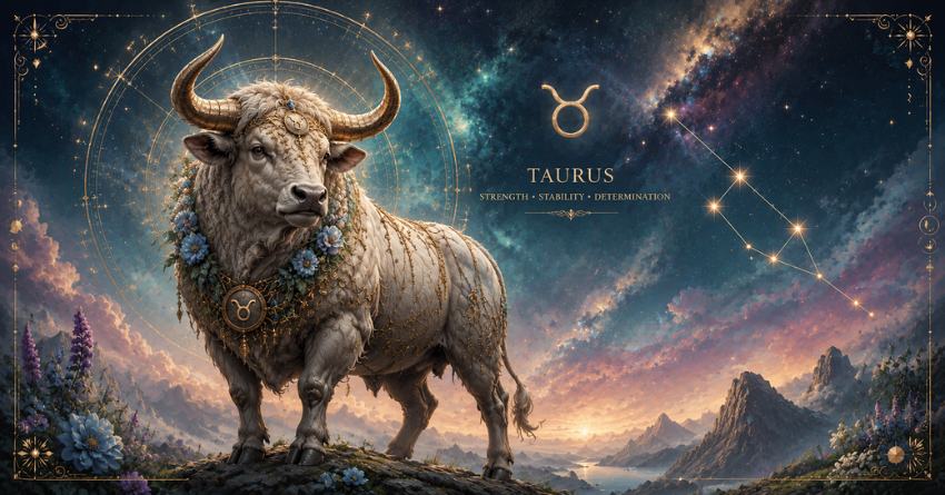 What the Universe Wants Taurus to Understand Right Now celestial fantasy illustration featuring Taurus bull under a starry cosmic sky