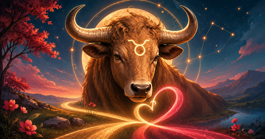How Taurus Will Recognize Their Soulmate tarot card art featuring Taurus bull with glowing soulmate connection