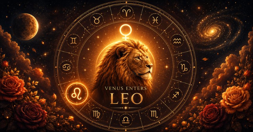 Venus Enters Leo June 2026 astrology illustration featuring a glowing Leo zodiac symbol surrounded by golden celestial energy and cosmic elements