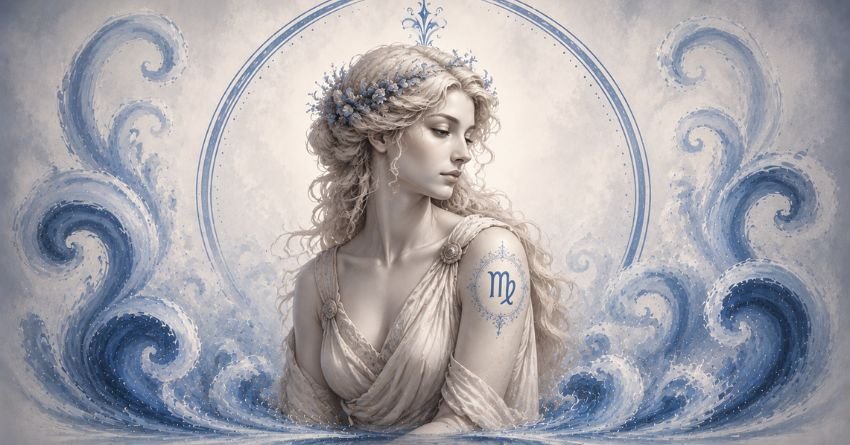 Mystical Virgo woman surrounded by celestial patterns and soft blue cosmic energy symbolizing destiny, intuition, and spiritual guidance.