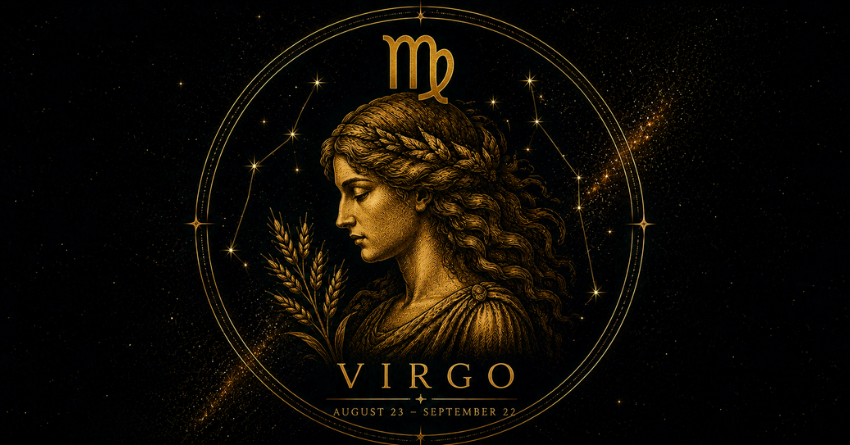 Virgo romantic signs zodiac illustration showing the Virgo symbol and a mysterious woman representing love, intuition, and romantic signals