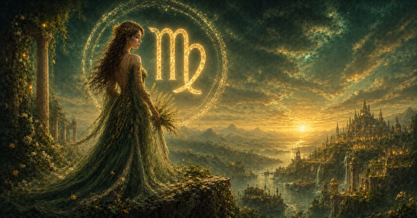 Virgo Is Entering a Beautiful New Season celestial fantasy Virgo maiden illustration with Virgo zodiac symbol