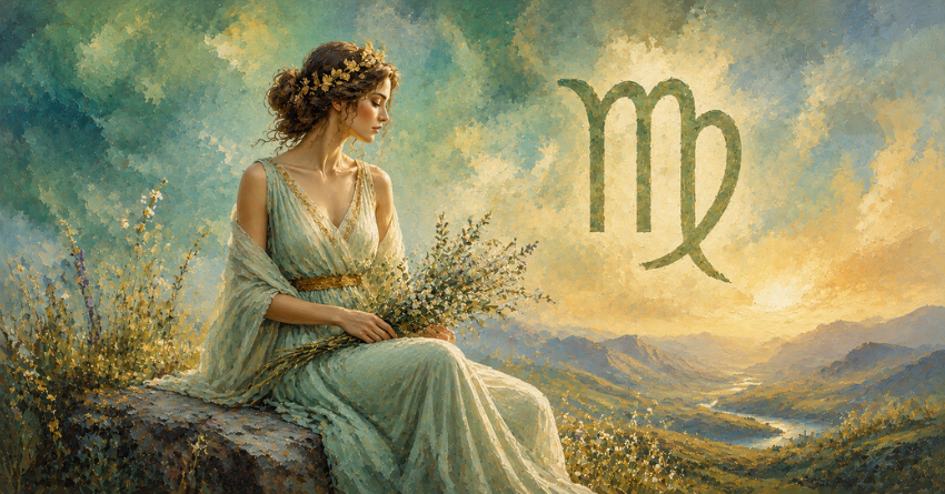 The Next Chapter for Virgo zodiac illustration featuring Virgo maiden in a celestial landscape with soft golden light and Virgo symbol in the background