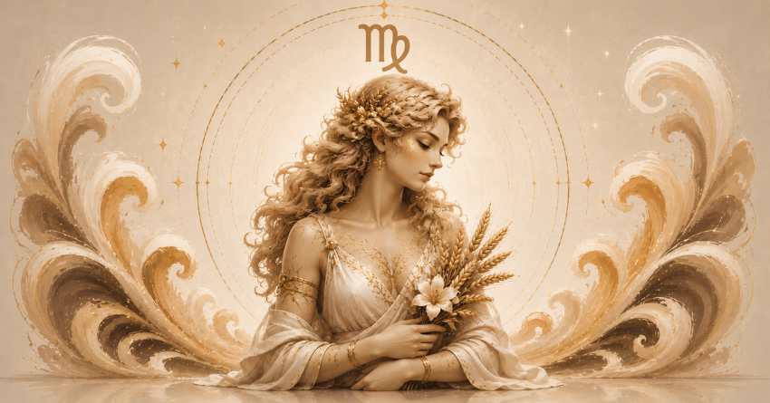 Virgo zodiac symbol illustrated as an elegant golden maiden surrounded by flowing ornamental patterns in warm beige and gold tones, representing emotional healing, inner growth, and a fresh perspective.